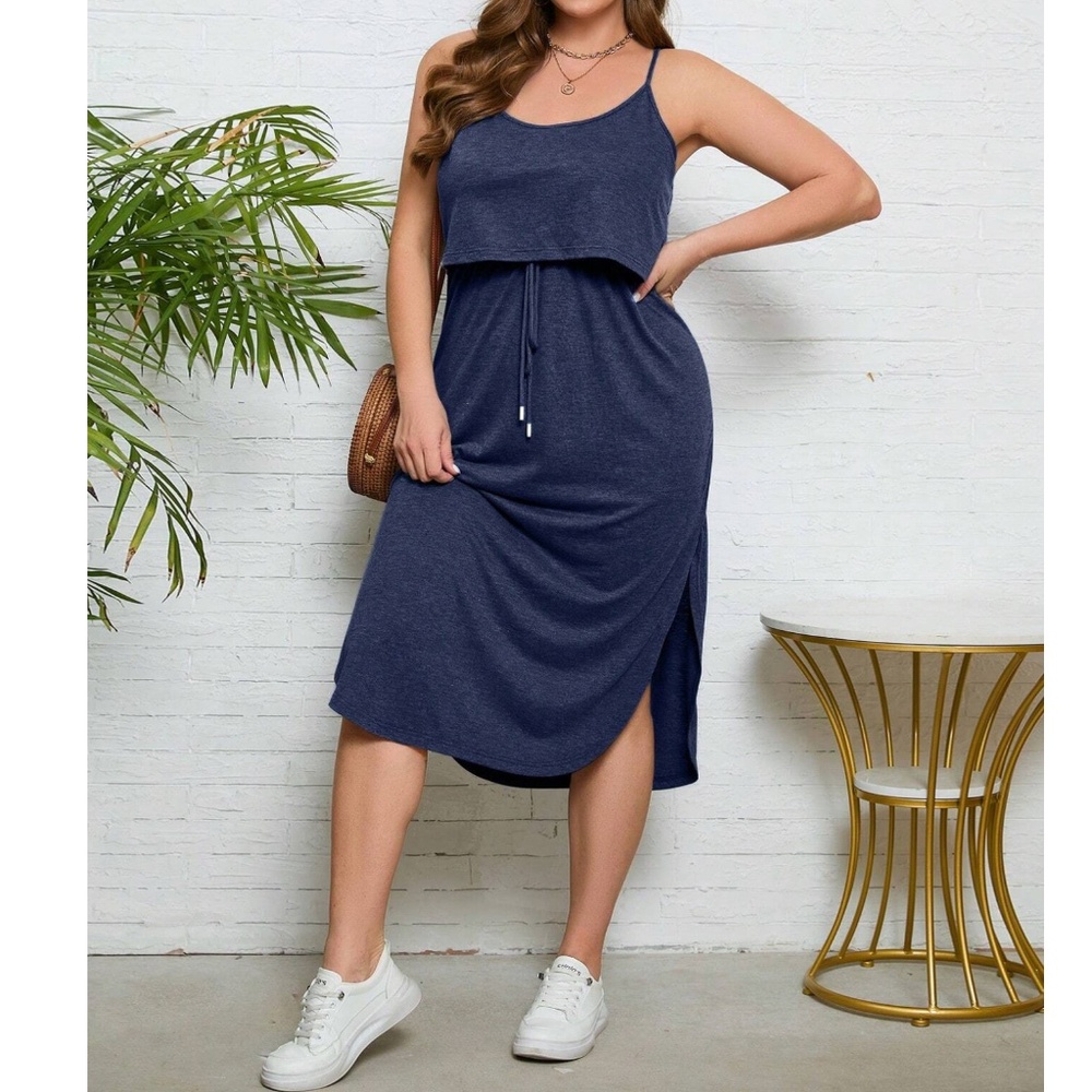 Plus Navy Blue Cami Straps High Waisted Side Slit Midi Dress - Picture 1 of 4